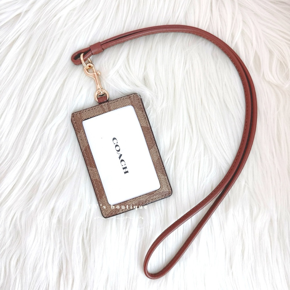 NWT Coach ID Lanyard Card Holder Wallet In Signature Canvas Khaki Saddle 63274 - Picture 2 of 3